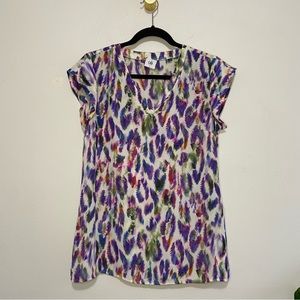 Cabi Short Cap Sleeve Colorful Feather Plume Print Blouse Top